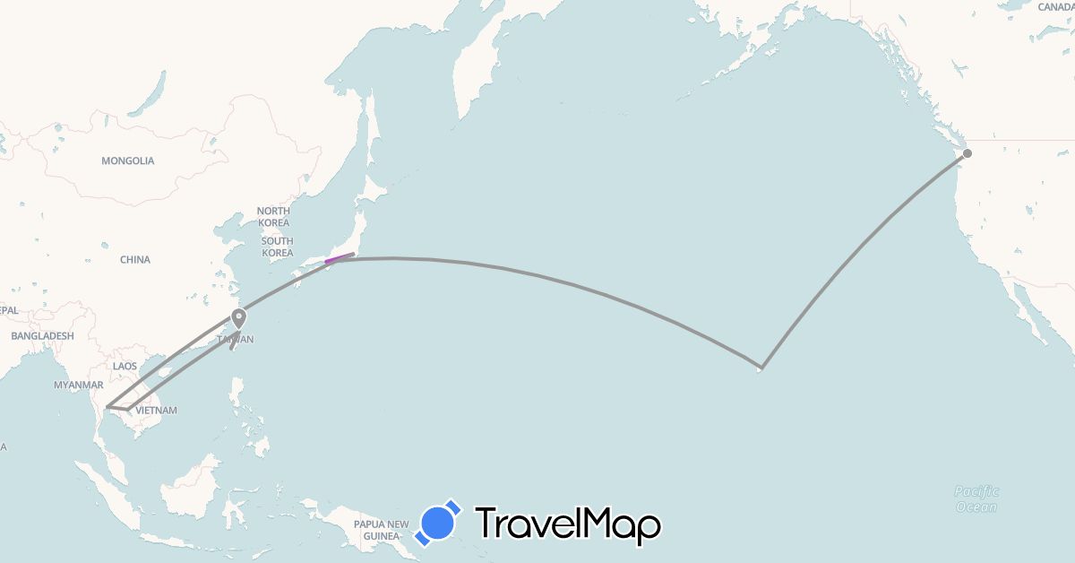 TravelMap itinerary: driving, plane, train in Japan, Cambodia, Thailand, Taiwan, United States (Asia, North America)